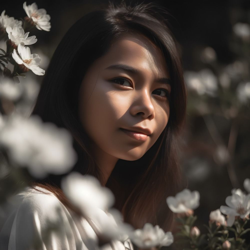 retrato de chica con flores blancas